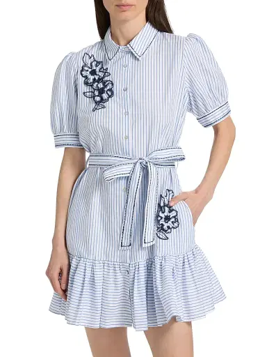 Cinq à Sept Women's Zadie Floral Embroidered Pinstriped Minidress | Thumbnail 3 Cinq à Sept Women's Zadie Floral Embroidered Pinstriped Minidress | Thumbnail 3