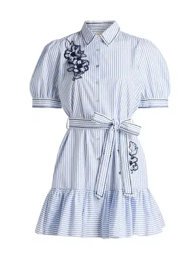 Cinq à Sept Women's Zadie Floral Embroidered Pinstriped Minidress | Thumbnail 1 Cinq à Sept Women's Zadie Floral Embroidered Pinstriped Minidress | Thumbnail 1