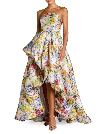 Mac Duggal Women's Floral Mikado Strapless High-Low Bubble Hem Gown - Pastel Multi - Size 14 | Thumbnail 1 Mac Duggal Women's Floral Mikado Strapless High-Low Bubble Hem Gown - Pastel Multi - Size 14 | Thumbnail 1