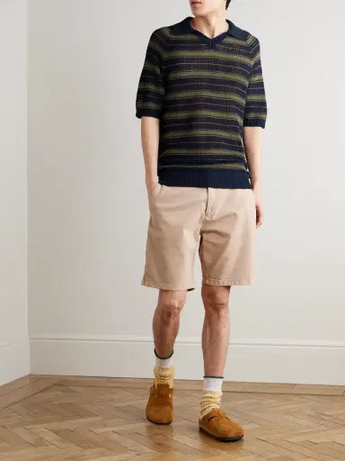 NN07 Cale 60056 Striped Pointelle-Knit Linen and Cotton-Blend Polo Shirt - Men | Thumbnail 2 NN07 Cale 60056 Striped Pointelle-Knit Linen and Cotton-Blend Polo Shirt - Men | Thumbnail 2
