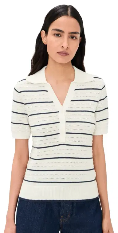 Varley Wren Knit Polo White/Blue Nights | Thumbnail 1 Varley Wren Knit Polo White/Blue Nights | Thumbnail 1