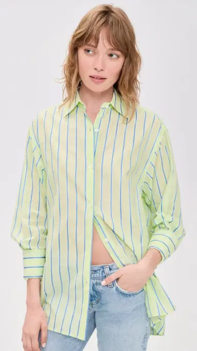 Renggli tripe Boxy Long Sleeve Button Up Shirt Kiwi/Azure | Thumbnail 2 Renggli tripe Boxy Long Sleeve Button Up Shirt Kiwi/Azure | Thumbnail 2