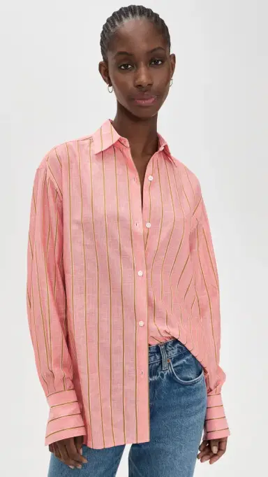 Renggli tripe Boxy Long Sleeve Button Up Shirt Hibiscus/Bronze | Thumbnail 2 Renggli tripe Boxy Long Sleeve Button Up Shirt Hibiscus/Bronze | Thumbnail 2