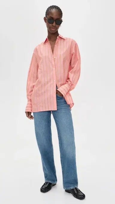 Renggli tripe Boxy Long Sleeve Button Up Shirt Hibiscus/Bronze | Thumbnail 5 Renggli tripe Boxy Long Sleeve Button Up Shirt Hibiscus/Bronze | Thumbnail 5