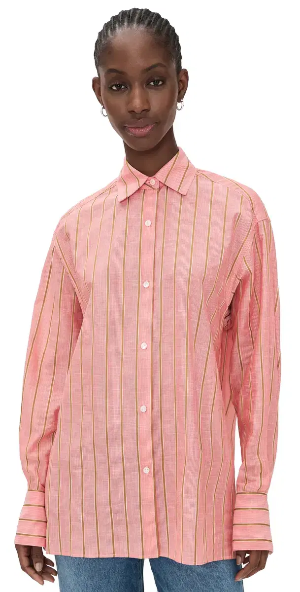 tripe Boxy Long Sleeve Button Up Shirt Hibiscus/Bronze tripe Boxy Long Sleeve Button Up Shirt Hibiscus/Bronze