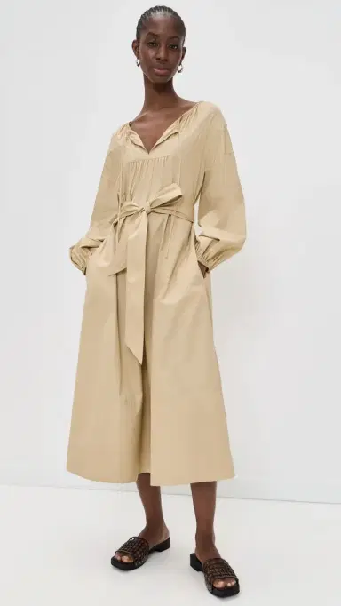 Vince hirred Cotton Belted Tie-Neck Dress and Beige | Thumbnail 2 Vince hirred Cotton Belted Tie-Neck Dress and Beige | Thumbnail 2