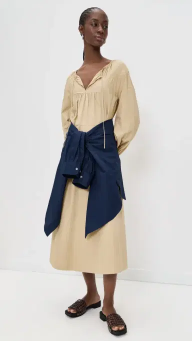 Vince hirred Cotton Belted Tie-Neck Dress and Beige | Thumbnail 5 Vince hirred Cotton Belted Tie-Neck Dress and Beige | Thumbnail 5