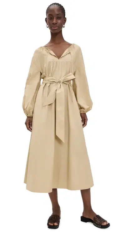Vince hirred Cotton Belted Tie-Neck Dress and Beige | Thumbnail 1 Vince hirred Cotton Belted Tie-Neck Dress and Beige | Thumbnail 1