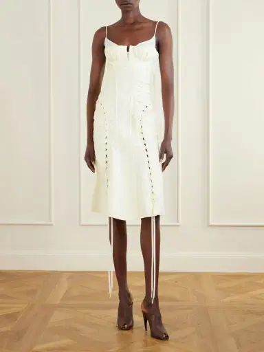 McQueen Pleated Paneled Satin Brocade Midi Dress | Thumbnail 2 McQueen Pleated Paneled Satin Brocade Midi Dress | Thumbnail 2