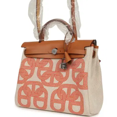 HERMÈS Hermes Herbag Zip PM 31 "Circuit 24" Ecru, Orange Toile H Plume and Natural Vache Hunter Palladium Hardware | Thumbnail 4 HERMÈS Hermes Herbag Zip PM 31 "Circuit 24" Ecru, Orange Toile H Plume and Natural Vache Hunter Palladium Hardware | Thumbnail 4