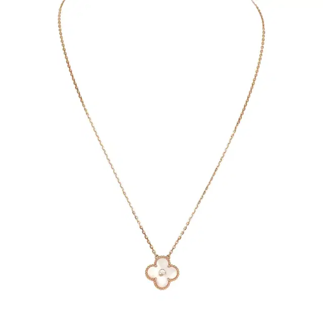 Van Cleef & Arpels 2025 Holiday Vintage Alhambra Pendant Necklace Pink Mother Of Pearl 18K Rose Gold Hardware & Diamonds Van Cleef & Arpels 2025 Holiday Vintage Alhambra Pendant Necklace Pink Mother Of Pearl 18K Rose Gold Hardware & Diamonds