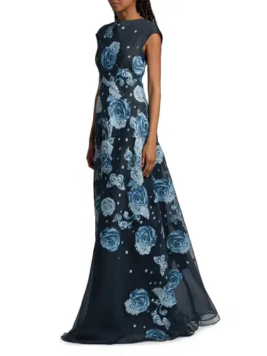 Teri Jon by Rickie Freeman Women's Organza Jacquard Gown - Navy Multi - Size 12 | Thumbnail 2 Teri Jon by Rickie Freeman Women's Organza Jacquard Gown - Navy Multi - Size 12 | Thumbnail 2