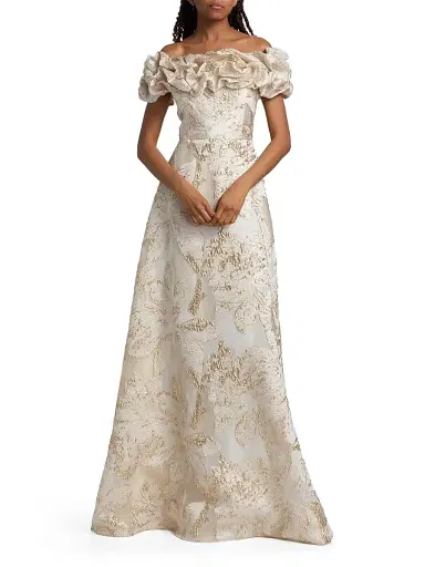 Teri Jon by Rickie Freeman Women's Brocade Scrunched Off-The-Shoulder Gown - Ivory Gold - Size 18 | Thumbnail 2 Teri Jon by Rickie Freeman Women's Brocade Scrunched Off-The-Shoulder Gown - Ivory Gold - Size 18 | Thumbnail 2