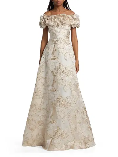 Teri Jon by Rickie Freeman Women's Brocade Scrunched Off-The-Shoulder Gown - Ivory Gold - Size 18 | Thumbnail 3 Teri Jon by Rickie Freeman Women's Brocade Scrunched Off-The-Shoulder Gown - Ivory Gold - Size 18 | Thumbnail 3