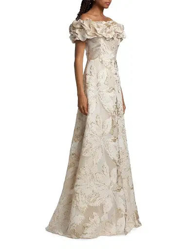 Teri Jon by Rickie Freeman Women's Brocade Scrunched Off-The-Shoulder Gown - Ivory Gold - Size 18 | Thumbnail 4 Teri Jon by Rickie Freeman Women's Brocade Scrunched Off-The-Shoulder Gown - Ivory Gold - Size 18 | Thumbnail 4