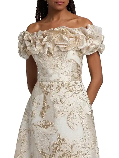 Teri Jon by Rickie Freeman Women's Brocade Scrunched Off-The-Shoulder Gown - Ivory Gold - Size 18 | Thumbnail 6 Teri Jon by Rickie Freeman Women's Brocade Scrunched Off-The-Shoulder Gown - Ivory Gold - Size 18 | Thumbnail 6
