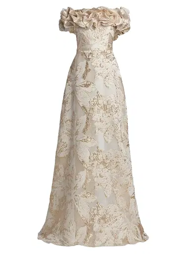 Teri Jon by Rickie Freeman Women's Brocade Scrunched Off-The-Shoulder Gown - Ivory Gold - Size 18 | Thumbnail 1 Teri Jon by Rickie Freeman Women's Brocade Scrunched Off-The-Shoulder Gown - Ivory Gold - Size 18 | Thumbnail 1