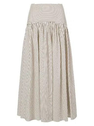 STAUD Women's Procide Pinstriped Stretch-Cotton Midi-Skirt - Dark Oak Micro Stripe | Thumbnail 1 STAUD Women's Procide Pinstriped Stretch-Cotton Midi-Skirt - Dark Oak Micro Stripe | Thumbnail 1