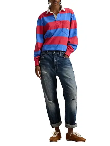 Polo Ralph Lauren Women's Striped Cotton Rugby Shirt - Sunset Red Greenwich Blue | Thumbnail 2 Polo Ralph Lauren Women's Striped Cotton Rugby Shirt - Sunset Red Greenwich Blue | Thumbnail 2
