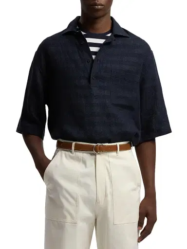 Ralph Lauren Purple Label Men's Basket-Weave Linen-Blend Short-Sleeve Sport Shirt - Chairman Navy | Thumbnail 3 Ralph Lauren Purple Label Men's Basket-Weave Linen-Blend Short-Sleeve Sport Shirt - Chairman Navy | Thumbnail 3
