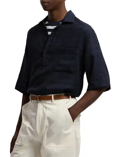 Ralph Lauren Purple Label Men's Basket-Weave Linen-Blend Short-Sleeve Sport Shirt - Chairman Navy | Thumbnail 4 Ralph Lauren Purple Label Men's Basket-Weave Linen-Blend Short-Sleeve Sport Shirt - Chairman Navy | Thumbnail 4