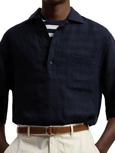 Ralph Lauren Purple Label Men's Basket-Weave Linen-Blend Short-Sleeve Sport Shirt - Chairman Navy | Thumbnail 6 Ralph Lauren Purple Label Men's Basket-Weave Linen-Blend Short-Sleeve Sport Shirt - Chairman Navy | Thumbnail 6
