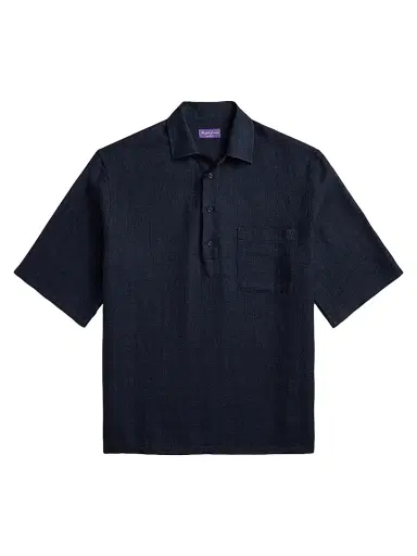 Ralph Lauren Purple Label Men's Basket-Weave Linen-Blend Short-Sleeve Sport Shirt - Chairman Navy | Thumbnail 1 Ralph Lauren Purple Label Men's Basket-Weave Linen-Blend Short-Sleeve Sport Shirt - Chairman Navy | Thumbnail 1