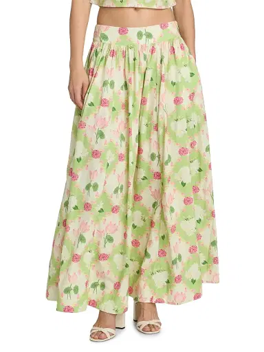 Verandah Women's Floral Paneled Cotton Maxi Skirt - Sage Green And Lotus | Thumbnail 3 Verandah Women's Floral Paneled Cotton Maxi Skirt - Sage Green And Lotus | Thumbnail 3