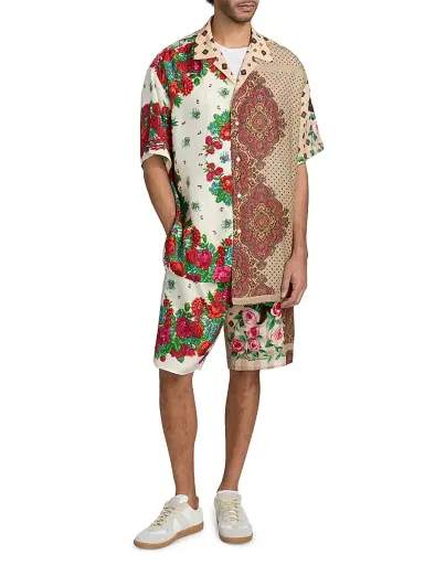 MOSCHINO Men's Spliced Silk Camp Shirt - Size Medium | Thumbnail 2 MOSCHINO Men's Spliced Silk Camp Shirt - Size Medium | Thumbnail 2