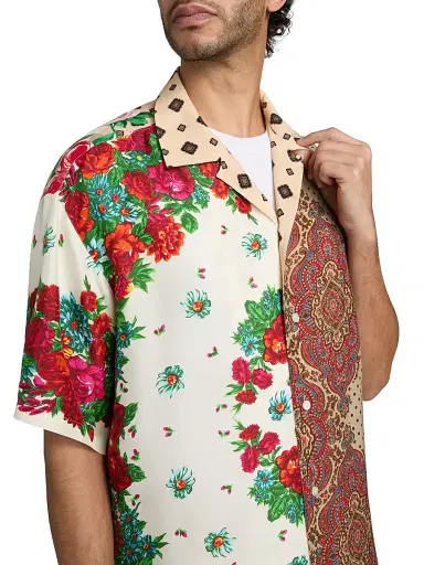 MOSCHINO Men's Spliced Silk Camp Shirt - Size Medium | Thumbnail 6 MOSCHINO Men's Spliced Silk Camp Shirt - Size Medium | Thumbnail 6