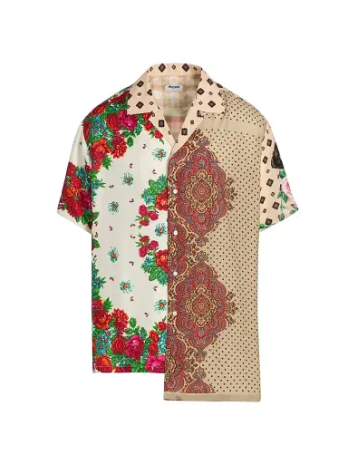 MOSCHINO Men's Spliced Silk Camp Shirt - Size Medium | Thumbnail 1 MOSCHINO Men's Spliced Silk Camp Shirt - Size Medium | Thumbnail 1