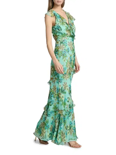 Saloni Women's Rita Floral Ruffled Silk Maxi Dress - Fiori Mint - Size 2 | Thumbnail 2 Saloni Women's Rita Floral Ruffled Silk Maxi Dress - Fiori Mint - Size 2 | Thumbnail 2