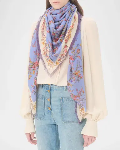 Valentino Garavani Floral-Print Fringed Cashmere-Silk Shawl | Thumbnail 2 Valentino Garavani Floral-Print Fringed Cashmere-Silk Shawl | Thumbnail 2