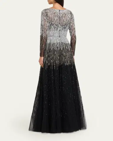 PAMELLA ROLAND Ombre Embroidered Tulle Long-Sleeve Gown | Thumbnail 3 PAMELLA ROLAND Ombre Embroidered Tulle Long-Sleeve Gown | Thumbnail 3