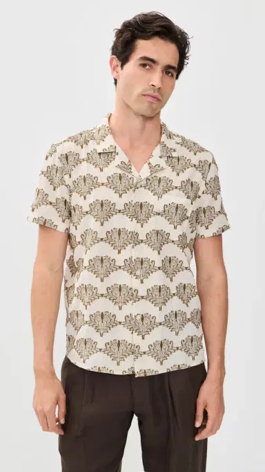 Billy Reid Short Sleeve Botanical Jacquard Camp Shirt Tinted White/Olive | Thumbnail 2 Billy Reid Short Sleeve Botanical Jacquard Camp Shirt Tinted White/Olive | Thumbnail 2
