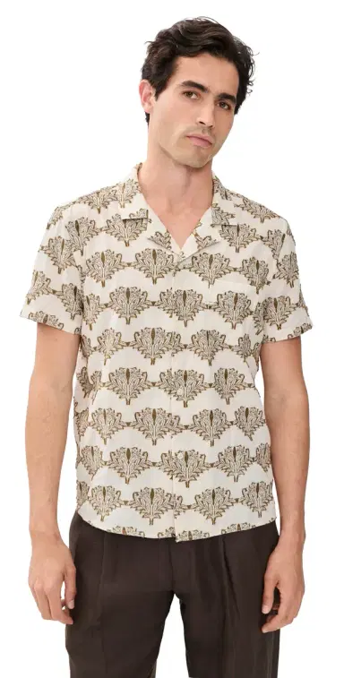 Billy Reid Short Sleeve Botanical Jacquard Camp Shirt Tinted White/Olive | Thumbnail 1 Billy Reid Short Sleeve Botanical Jacquard Camp Shirt Tinted White/Olive | Thumbnail 1