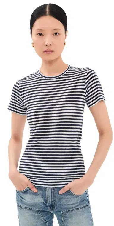 Nili Lotan ana Crew Neck Tee White/Dark Navy Stripe | Thumbnail 1 Nili Lotan ana Crew Neck Tee White/Dark Navy Stripe | Thumbnail 1