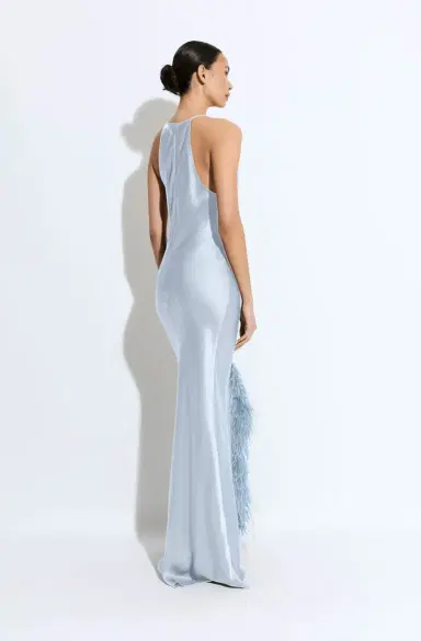 Lapointe Satin Halter Gown With Feathers | Thumbnail 2 Lapointe Satin Halter Gown With Feathers | Thumbnail 2