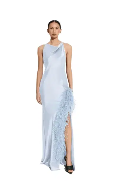 Lapointe Satin Halter Gown With Feathers | Thumbnail 1 Lapointe Satin Halter Gown With Feathers | Thumbnail 1