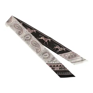 HERMÈS Hermes "Cheval De Coeur Bandana" Black, Blanc and Vieux Rose Multi Silk Twilly | Thumbnail 2 HERMÈS Hermes "Cheval De Coeur Bandana" Black, Blanc and Vieux Rose Multi Silk Twilly | Thumbnail 2