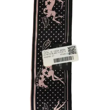 HERMÈS Hermes "Cheval De Coeur Bandana" Black, Blanc and Vieux Rose Multi Silk Twilly | Thumbnail 4 HERMÈS Hermes "Cheval De Coeur Bandana" Black, Blanc and Vieux Rose Multi Silk Twilly | Thumbnail 4