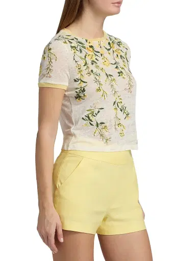 ALICE + OLIVIA Women's Cindy Embroidered Linen Crop T-Shirt - Fresh Air Butter | Thumbnail 4 ALICE + OLIVIA Women's Cindy Embroidered Linen Crop T-Shirt - Fresh Air Butter | Thumbnail 4
