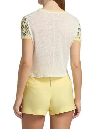 ALICE + OLIVIA Women's Cindy Embroidered Linen Crop T-Shirt - Fresh Air Butter | Thumbnail 5 ALICE + OLIVIA Women's Cindy Embroidered Linen Crop T-Shirt - Fresh Air Butter | Thumbnail 5