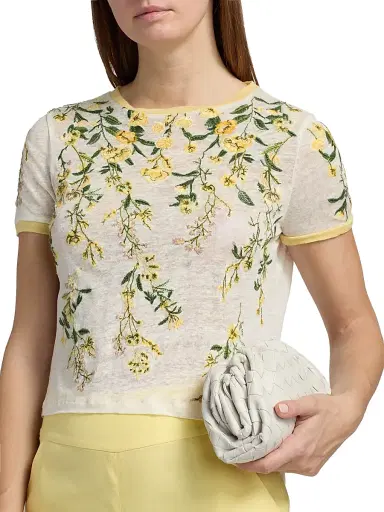 ALICE + OLIVIA Women's Cindy Embroidered Linen Crop T-Shirt - Fresh Air Butter | Thumbnail 6 ALICE + OLIVIA Women's Cindy Embroidered Linen Crop T-Shirt - Fresh Air Butter | Thumbnail 6