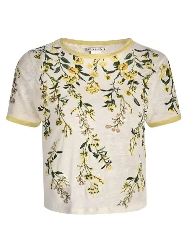 ALICE + OLIVIA Women's Cindy Embroidered Linen Crop T-Shirt - Fresh Air Butter | Thumbnail 1 ALICE + OLIVIA Women's Cindy Embroidered Linen Crop T-Shirt - Fresh Air Butter | Thumbnail 1