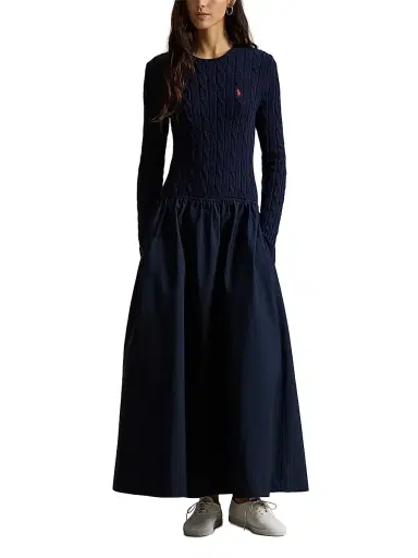 Polo Ralph Lauren Women's Cable Bodice Drop Waist Maxi Shirtdress - Hunter Navy | Thumbnail 2 Polo Ralph Lauren Women's Cable Bodice Drop Waist Maxi Shirtdress - Hunter Navy | Thumbnail 2