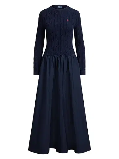 Polo Ralph Lauren Women's Cable Bodice Drop Waist Maxi Shirtdress - Hunter Navy | Thumbnail 1 Polo Ralph Lauren Women's Cable Bodice Drop Waist Maxi Shirtdress - Hunter Navy | Thumbnail 1