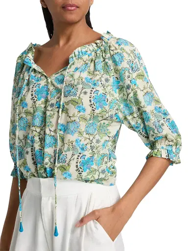 Ro's Garden Women's Havana Floral Cotton Top - Blue | Thumbnail 6 Ro's Garden Women's Havana Floral Cotton Top - Blue | Thumbnail 6