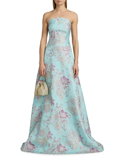 Teri Jon by Rickie Freeman Women's Floral Jacquard Strapless Gown - Light Blue Multi - Size 16 | Thumbnail 2 Teri Jon by Rickie Freeman Women's Floral Jacquard Strapless Gown - Light Blue Multi - Size 16 | Thumbnail 2
