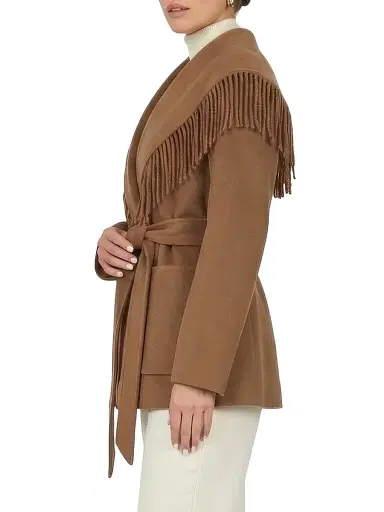 Gorski Women's Select Cashmere and Wool Blend Jacket with Tassle Trim and Belt - Camel - Size Large | Thumbnail 3 Gorski Women's Select Cashmere and Wool Blend Jacket with Tassle Trim and Belt - Camel - Size Large | Thumbnail 3